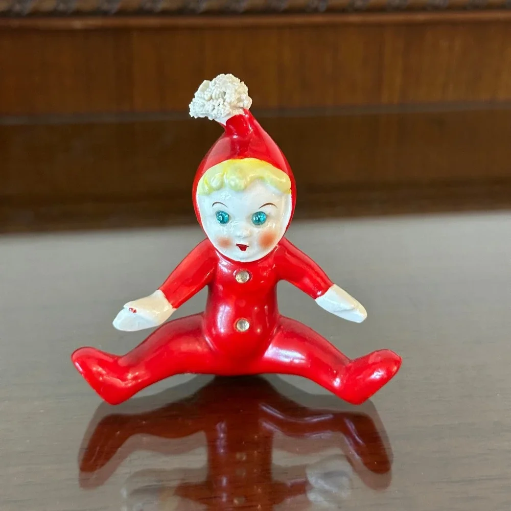 Vintage Ceramic Pixie Elf Pajama Figurine Red Suit Blue Eyes Japan MCM 3.5''